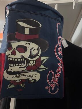 Vintage Y2K Ed Hardy Blue & Red Skull Top Hat Backpack